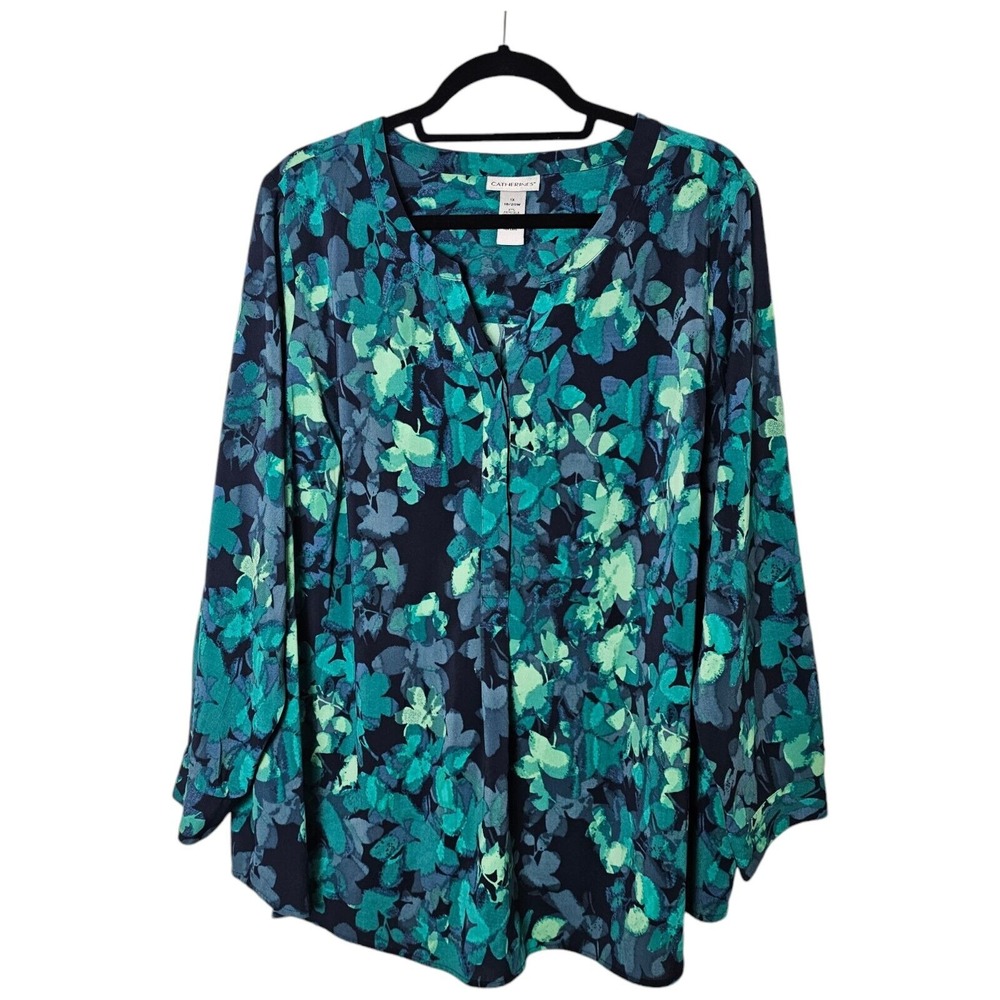 Catherines XL‎ 18 20 Blouse Green Blue Watercolor Top Flowy Tunic V Neck